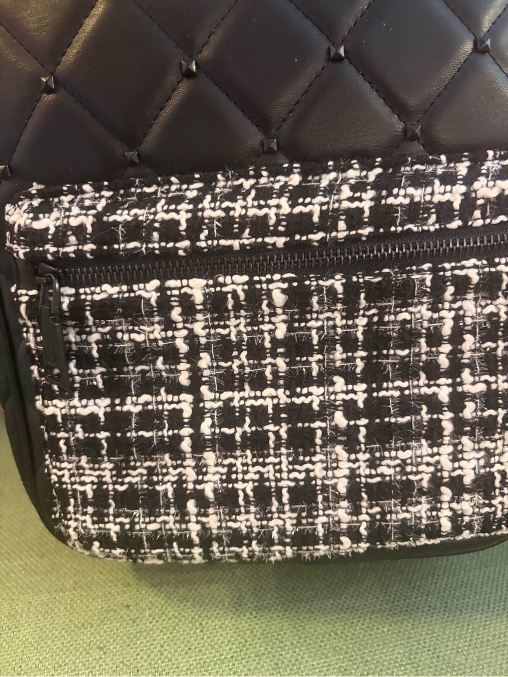 Badgley Mischka Black Quilted Backpack with Black-and-White Tweed Pocket - Picture 3 of 7